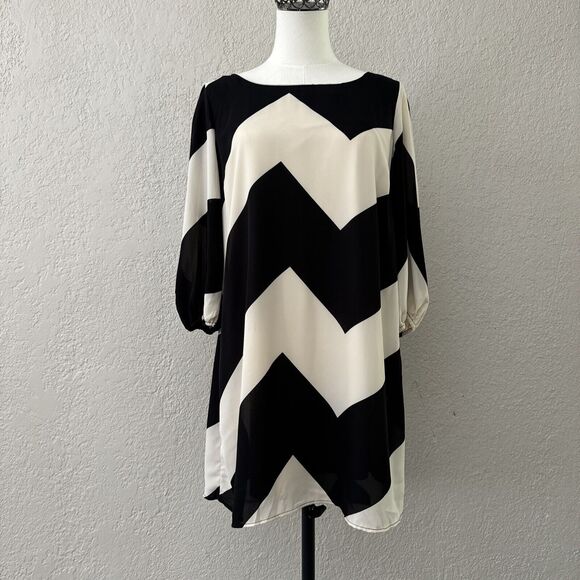 Cocktail Chevron Dress Women’s Size L Black Cream 3/4 Sleeve Bow Back Formal - Picture 8 of 14